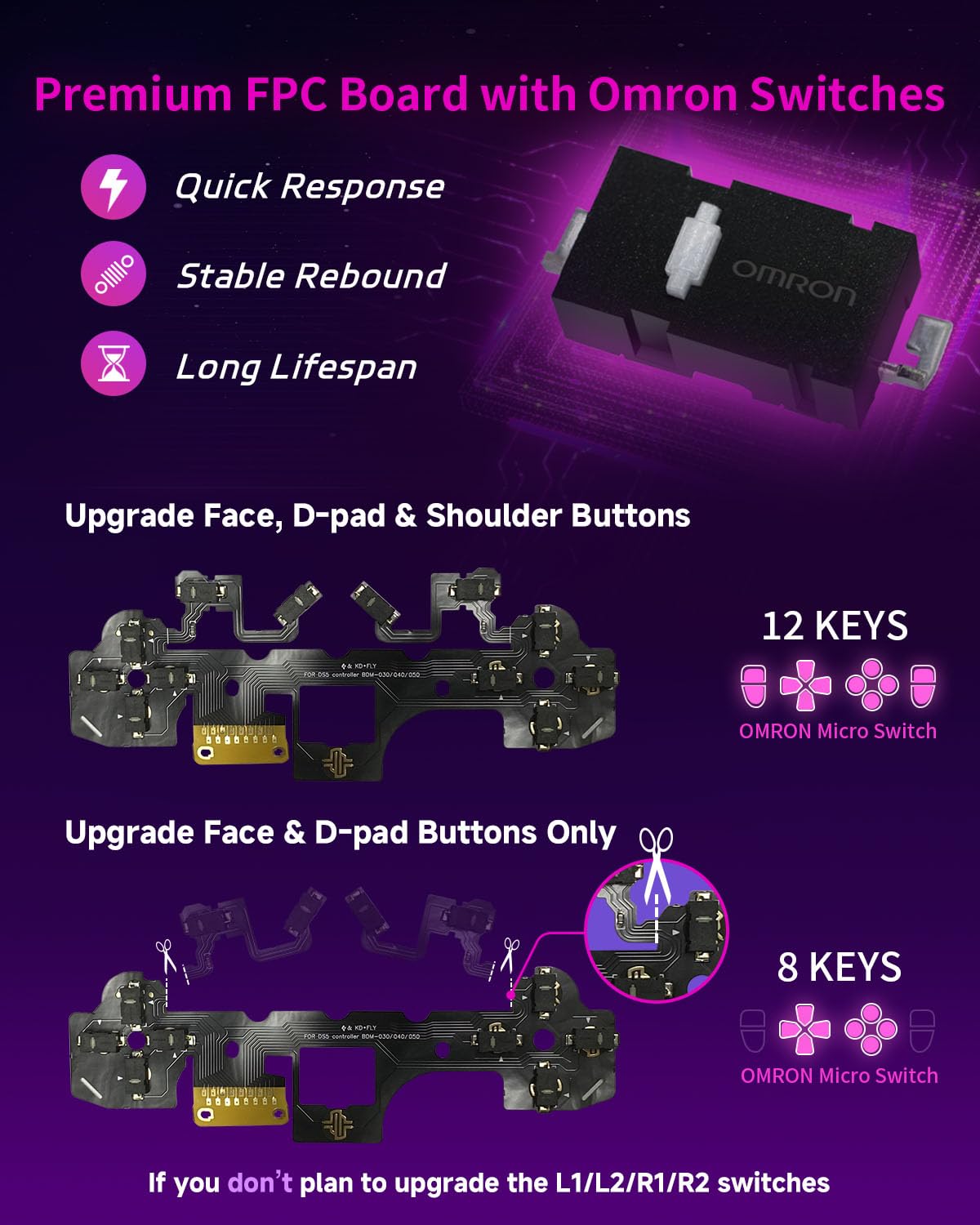 KD.FLY 12 Buttons Clicky Kit with Omron Micro Switch for PS5 Controller BDM-030/040/050 – Mouse Click Triggers, Fast Response for Enhanced Gameplay, Black