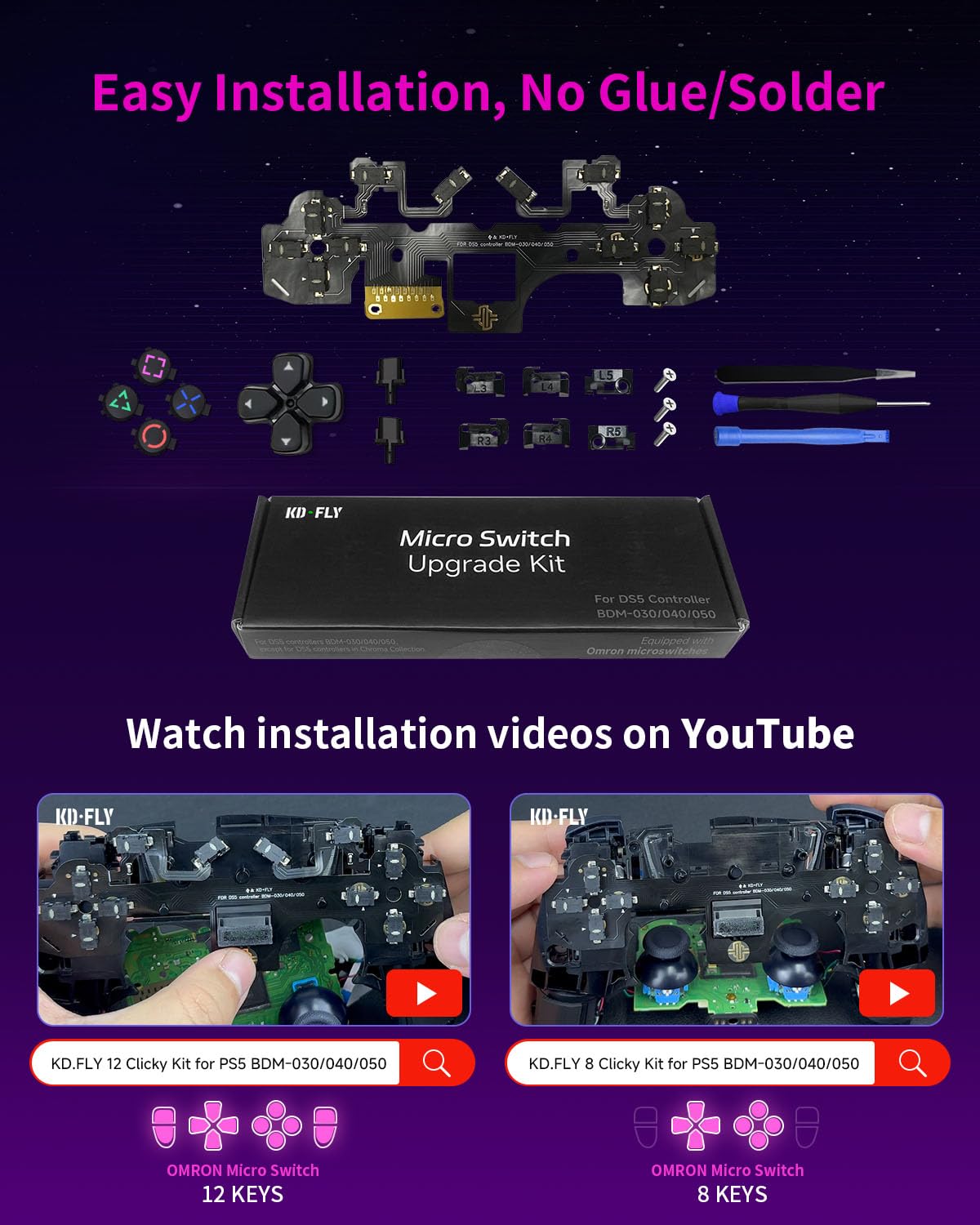 KD.FLY 12 Buttons Clicky Kit with Omron Micro Switch for PS5 Controller BDM-030/040/050 – Mouse Click Triggers, Fast Response for Enhanced Gameplay, Black